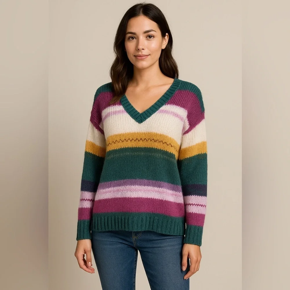 Caslon Striped V-Neck Knit Sweater Womens XS Colorblock Pullover Coastal Preppy